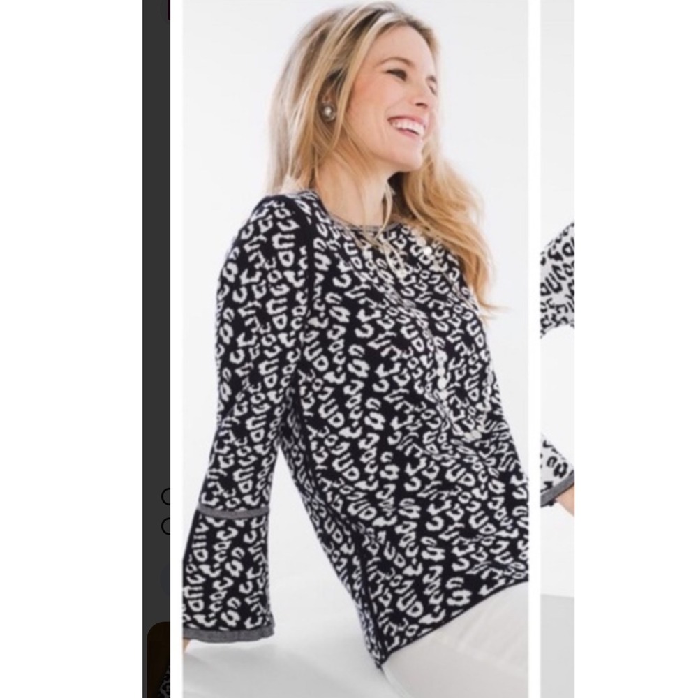 Chicos Black White Leopard Print Bell Sleeve Knit Sweater Top Size 3 XL